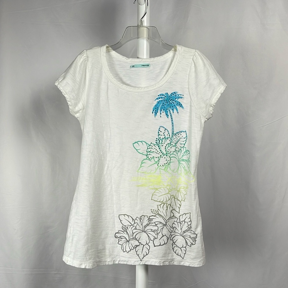Maurices White Tropical Tee Short Cap Sleeve Scoop Neck Hawaiian Shirt Women’s L